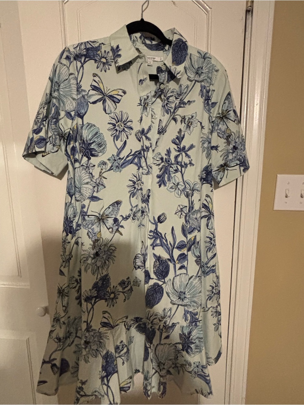 Chico's Light Mint Button-Down Dress with Blue Floral Print
